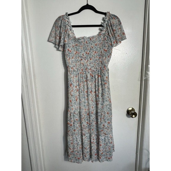 Luxology Dresses & Skirts - Luxology Floral Mesh Midi Dress Large Smocked Bodice Flutter Sleeve Cottagecore